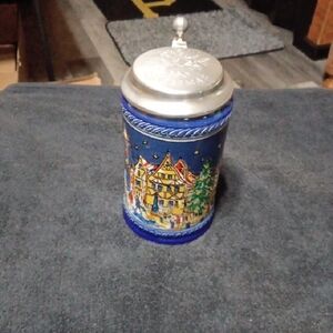 Blue Ceramic Beer Stein with Village Scene 1980 ROTHENBURG Christmas FAIR